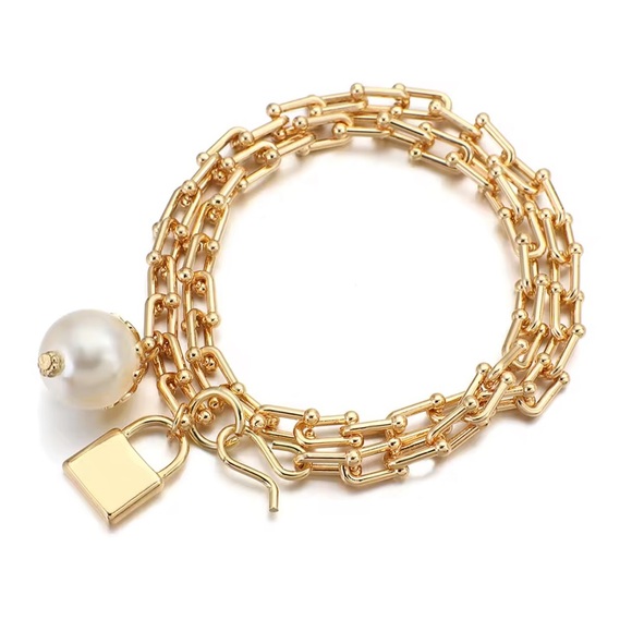 Graduated Link Elegant Gold Chain Lock Pearl Charm - Picture 1 of 14